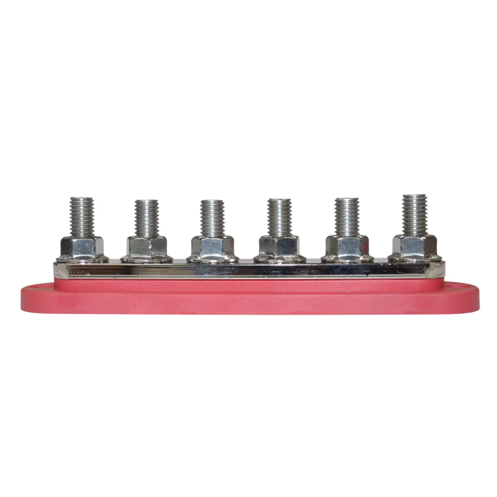 Side profile of busbar showing height of threaded M10 studs and reinforced red base