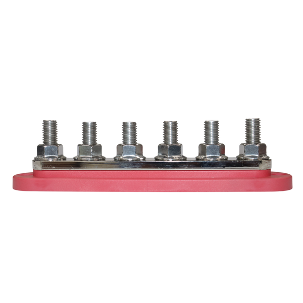 Side profile of busbar showing height of threaded M10 studs and reinforced red base