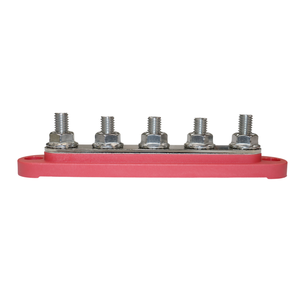 Side profile of red busbar showing M8 stud height and reinforced base