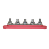 Side profile of red busbar showing M8 stud height and reinforced base