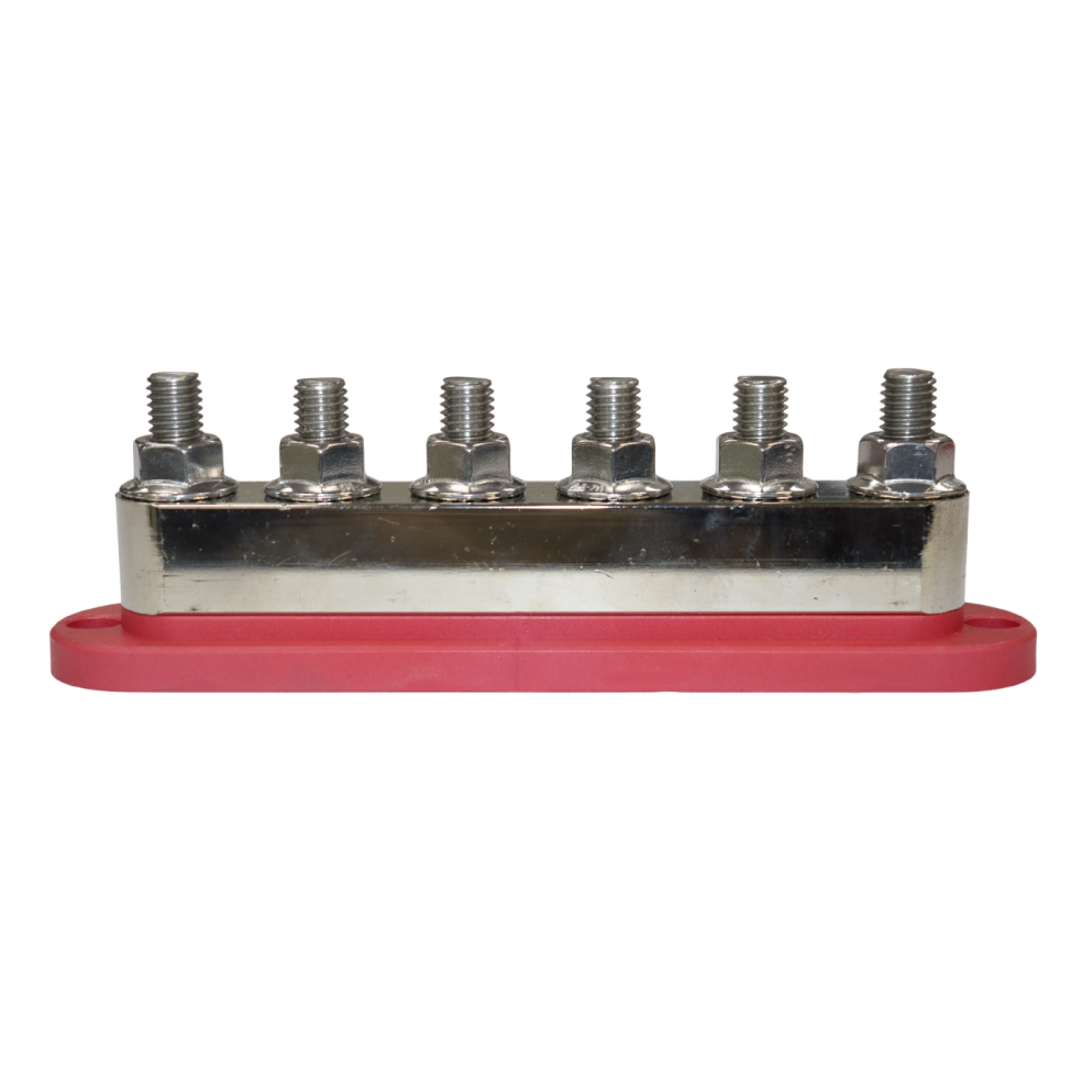 Side profile of 6-stud busbar without cover showing stud height and metal thickness