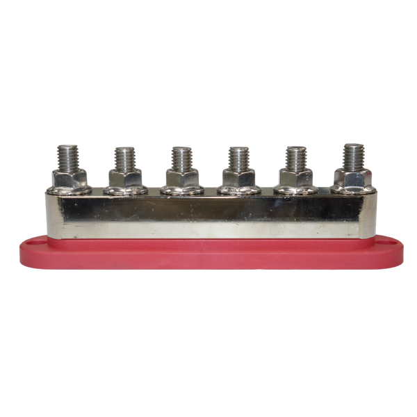 Side profile of 6-stud busbar without cover showing stud height and metal thickness