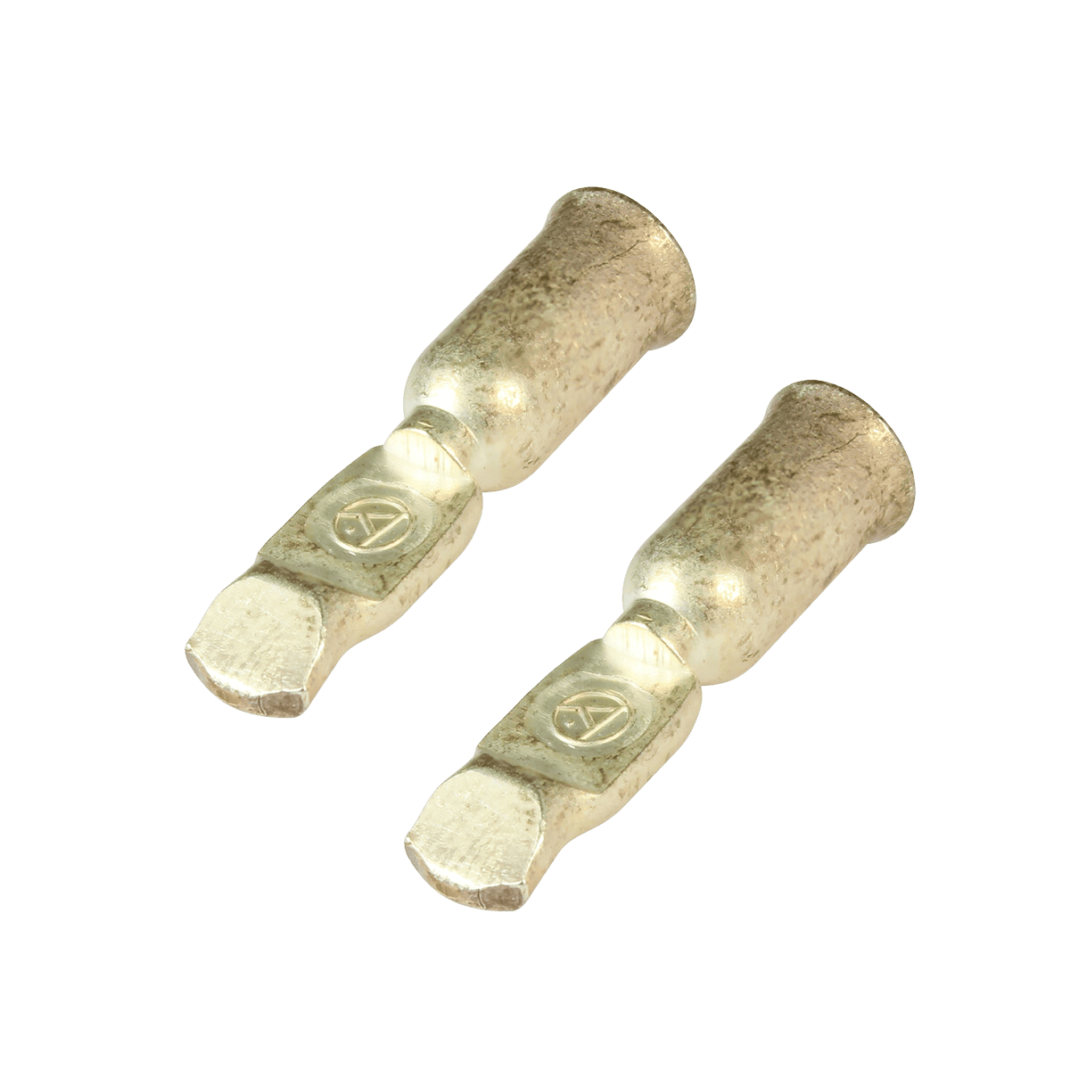 Pair of silver-plated 00AWG crimp contacts with stamped Anderson logo