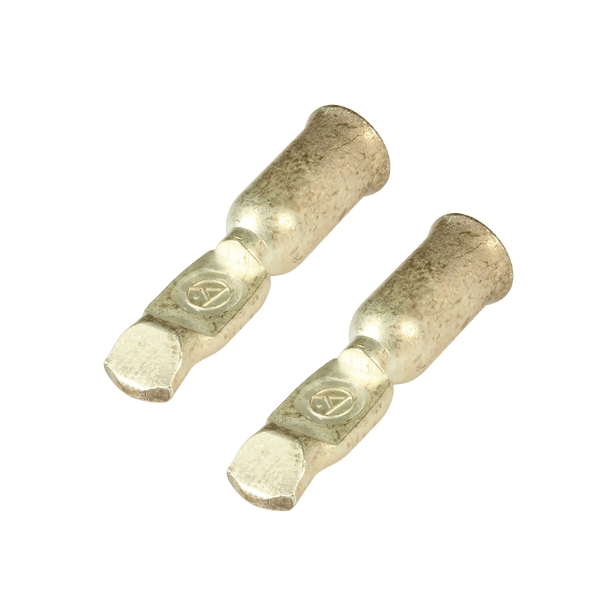 Two silver-plated 0 AWG crimp contacts stamped with Anderson logo