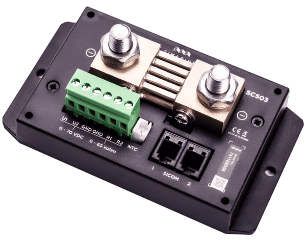 Perspective view of a black battery shunt with gold-coloured terminals and a green 6-pin connector block