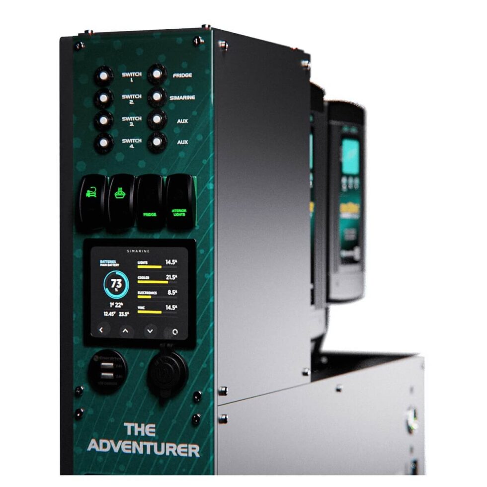 Close-up of the Simarine battery monitor and rocker switches on the Adventurer power system