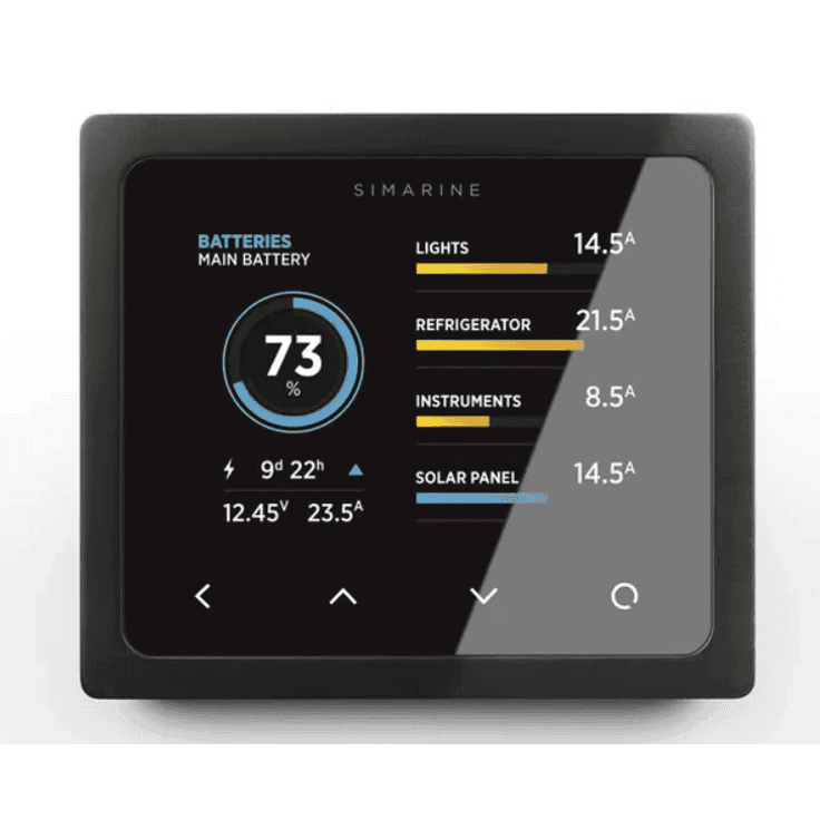 Simarine Pico black panel mount display showing battery percentage and appliance power usage