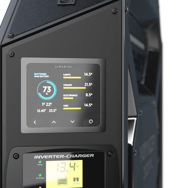 Close-up of Simarine PICO display showing battery state of charge and appliance power usage