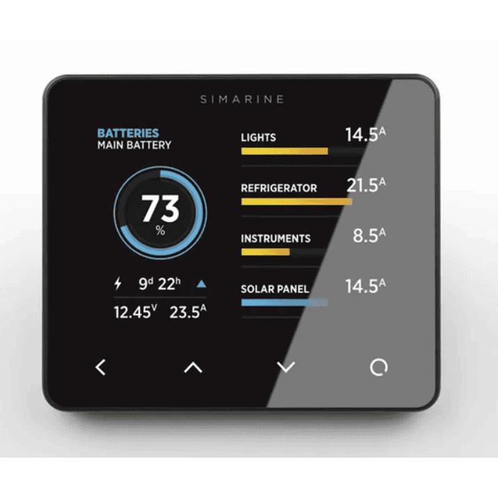 Front view of black surface mount Simarine Pico display showing battery state of charge and appliance power usage