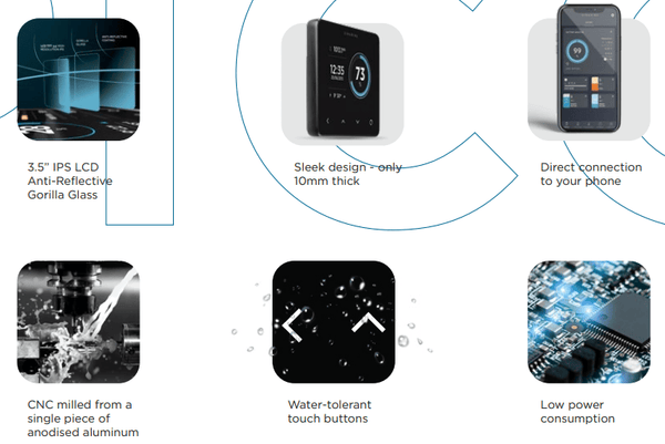 Infographic of Simarine Pico features including Gorilla Glass, 10mm thickness and CNC milled casing SI-PICO-2
