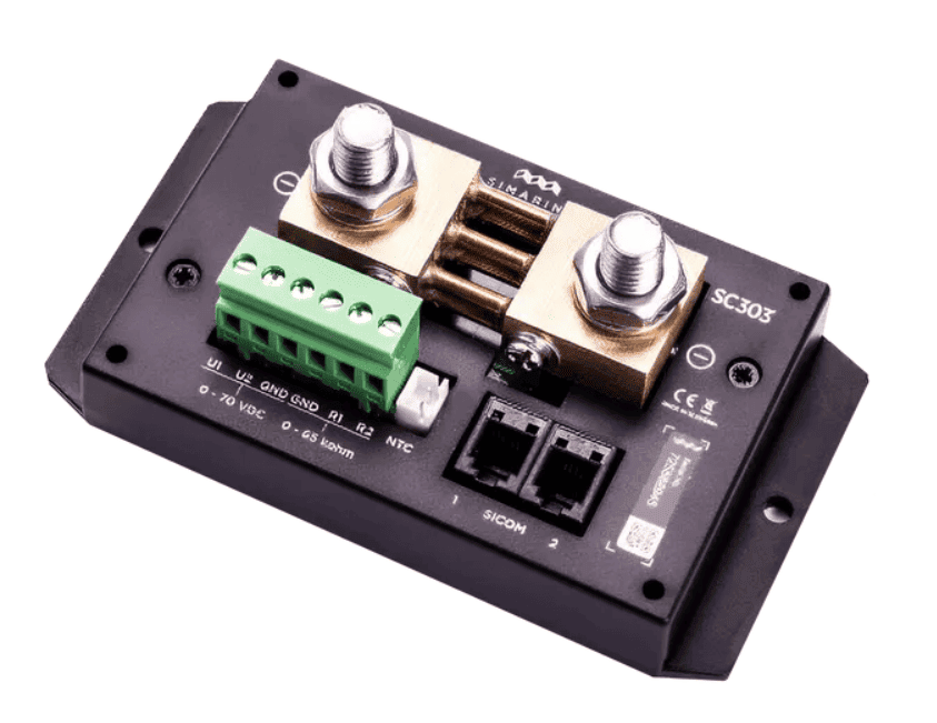 Simarine SC303 300A active digital battery shunt showing terminal bolts and sensor ports
