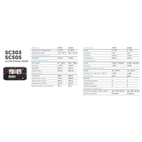 Specifications table for Simarine SC303 and SC505 active digital shunts