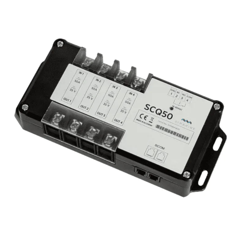 Simarine SCQ50 quad shunt module featuring four 50A inputs and an integrated 1A relay output