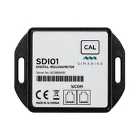 Technical top-down view of Simarine SDI01 digital inclinometer showing calibration button and SiCOM ports
