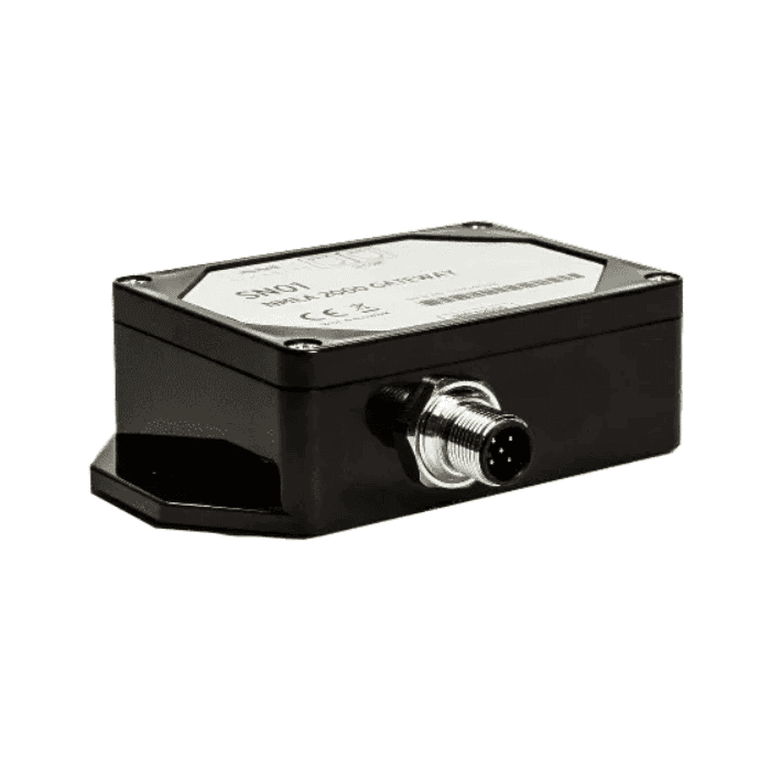 Perspective view of black Simarine SN01 NMEA 2000 Gateway with threaded male connector