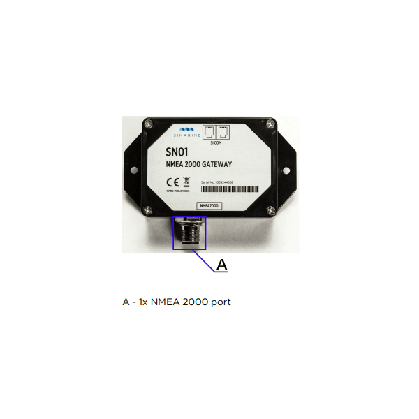 Technical view of a Simarine SN01 gateway showing mounting points and the NMEA 2000 connection port