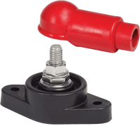 Single 3/8 inch stud power connector with red insulating cover and black base