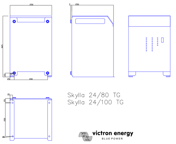 Technical dimensional drawing of Victron Skylla-TG battery charger showing front, side, and bottom views