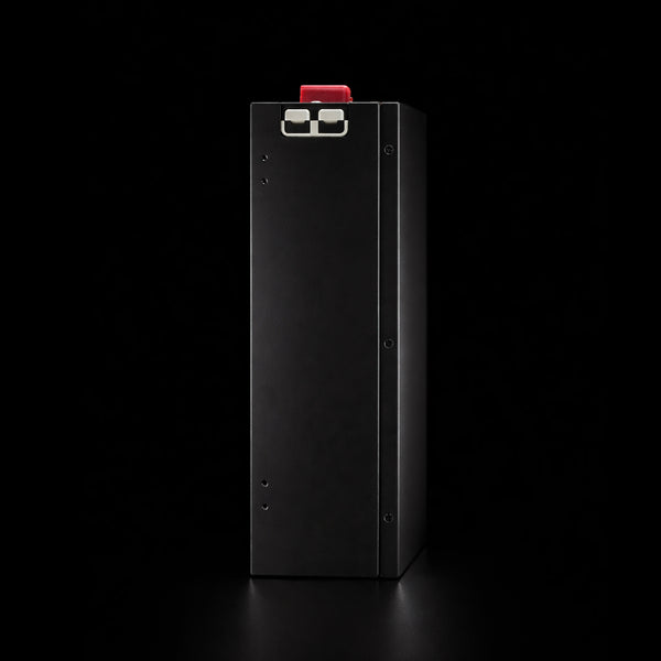 Narrow side profile of slim lithium battery showing vertical orientation and metal construction