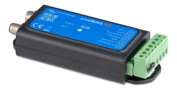 Perspective view of the compact Victron smallBMS NG lithium battery management unit