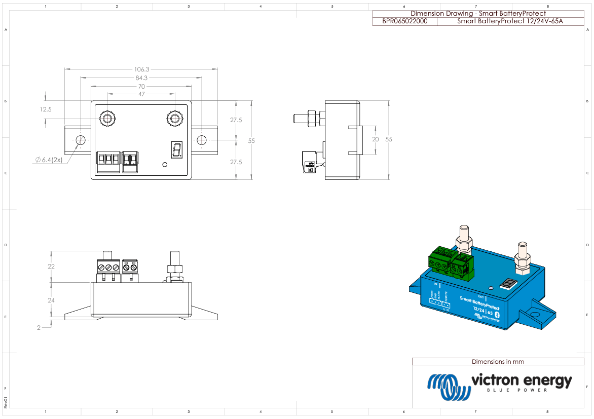 Dimension drawing with measurements for 65A BatteryProtect installation