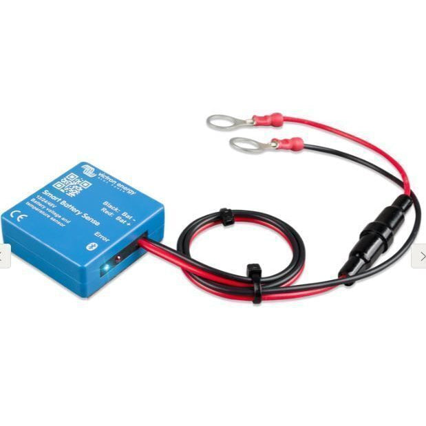 Perspective view of the blue battery sense unit with status LEDs