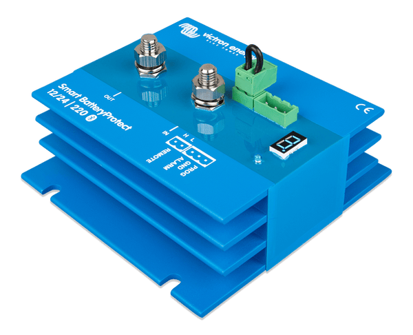 Perspective view of Victron 220A BatteryProtect showing terminal arrangement and programming display