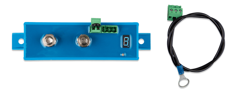 Top view of 100A BatteryProtect with included terminal cable and 7-segment display
