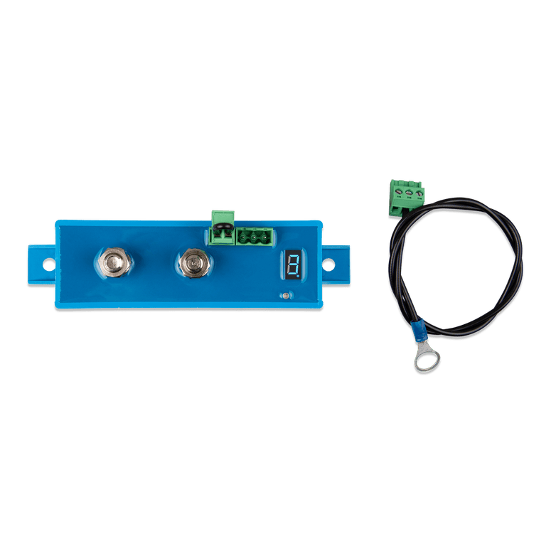 Top view of 100A BatteryProtect with included terminal cable and 7-segment display