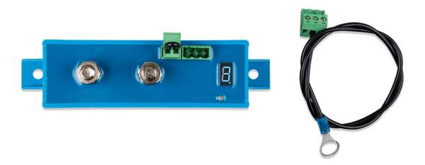 Top view of 100A BatteryProtect with included terminal cable and 7-segment display