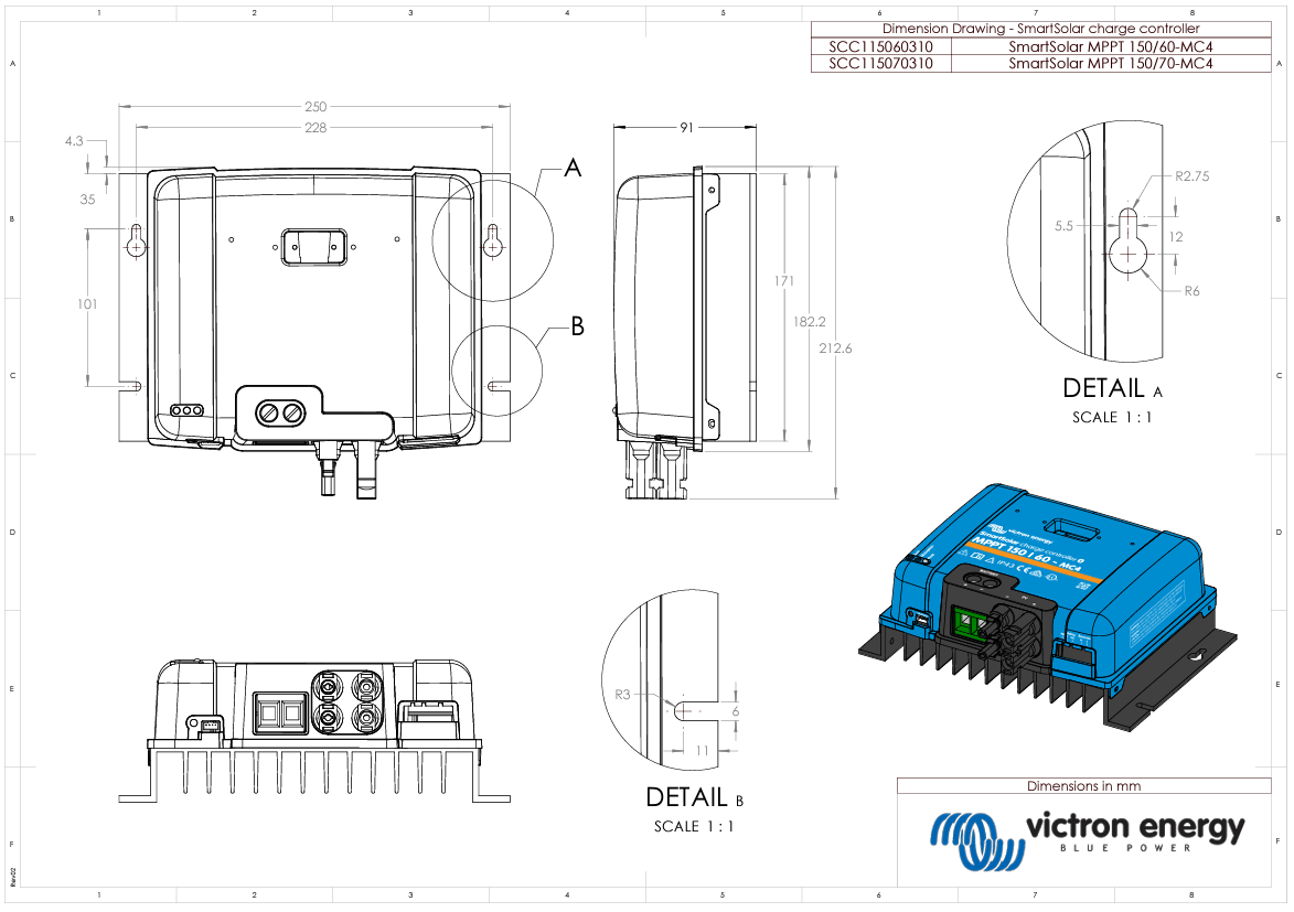 Technical dimensional drawing showing the physical measurements of the MPPT 150/60-MC4