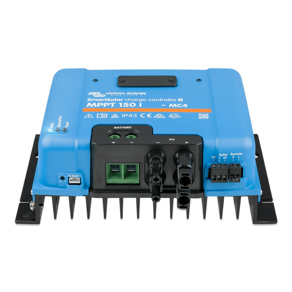 Direct bottom view of MPPT controller showing MC4 connectors and battery terminals