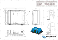 Dimensional drawing showing front, side and bottom views of the charge controller