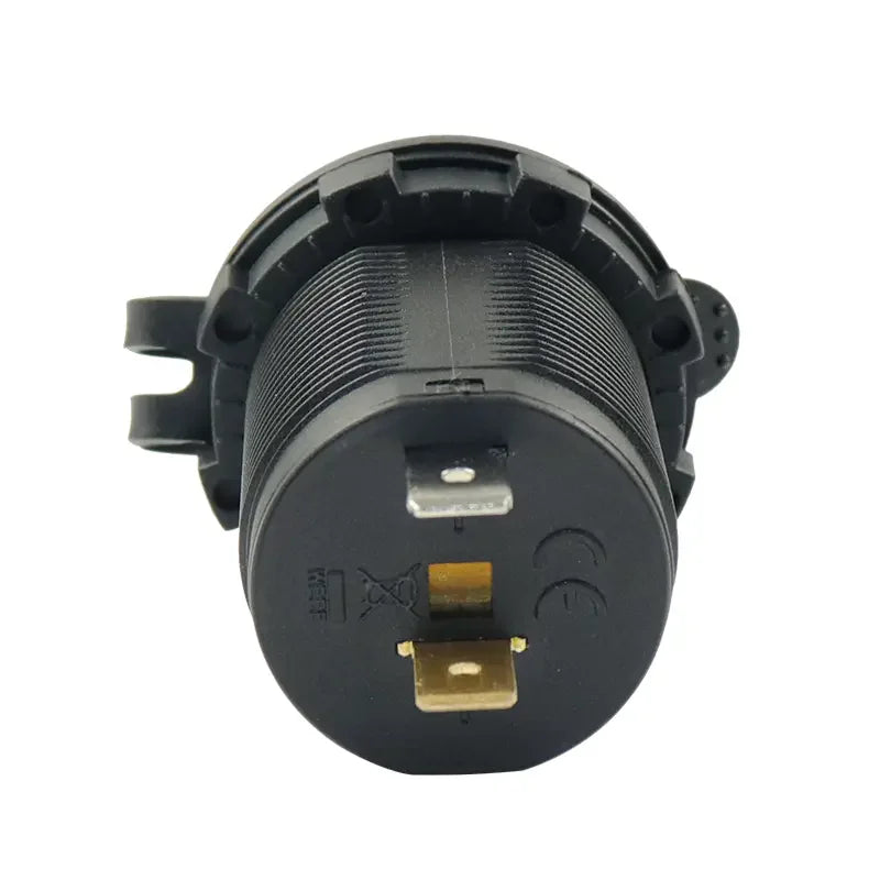 Rear view of 12V socket showing threaded housing and copper spade terminals