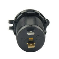 Rear view of 12V socket showing threaded housing and copper spade terminals