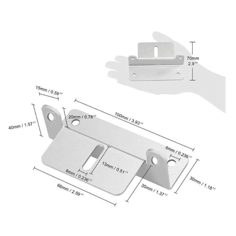 Technical drawing of silver bracket dimensions showing 100mm length, 70mm height and slot positioning