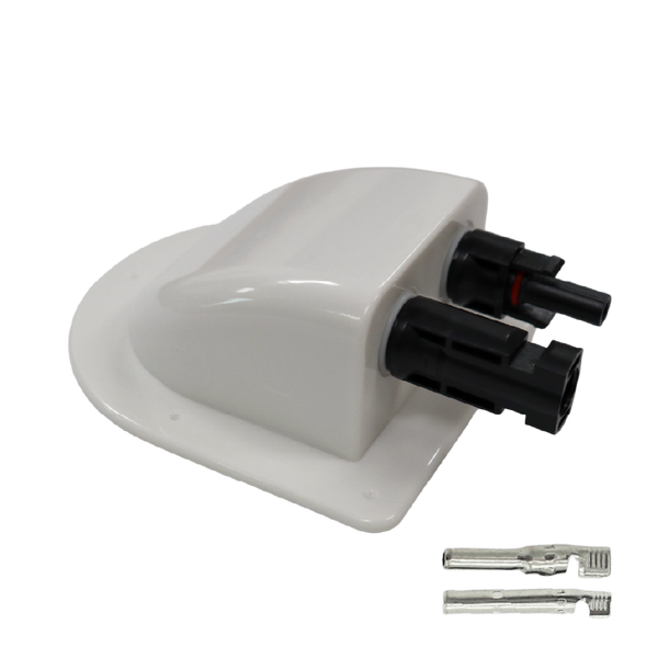 Angled view of white solar cable entry cover with integrated black connectors and loose crimp terminals
