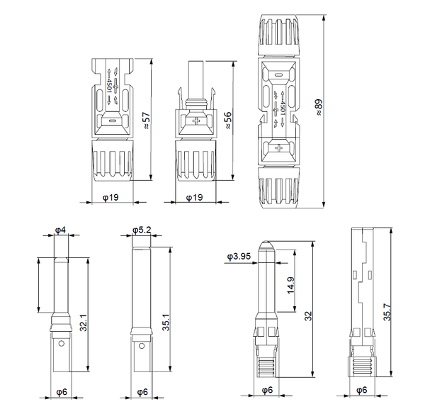Technical dimensional drawing of Exotronic solar connector pair and terminals