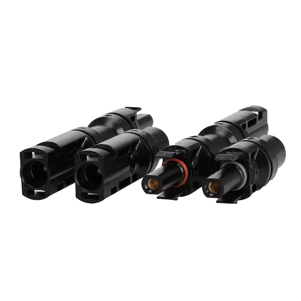 Angled view of solar connector terminals showing polarity markings and mating interfaces