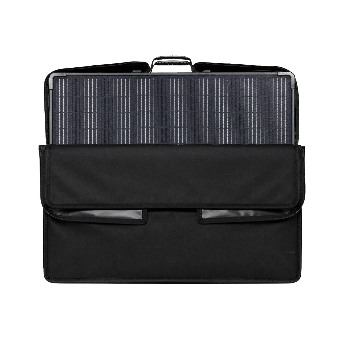 Solar panel inside open black carry case showing protective inner lining