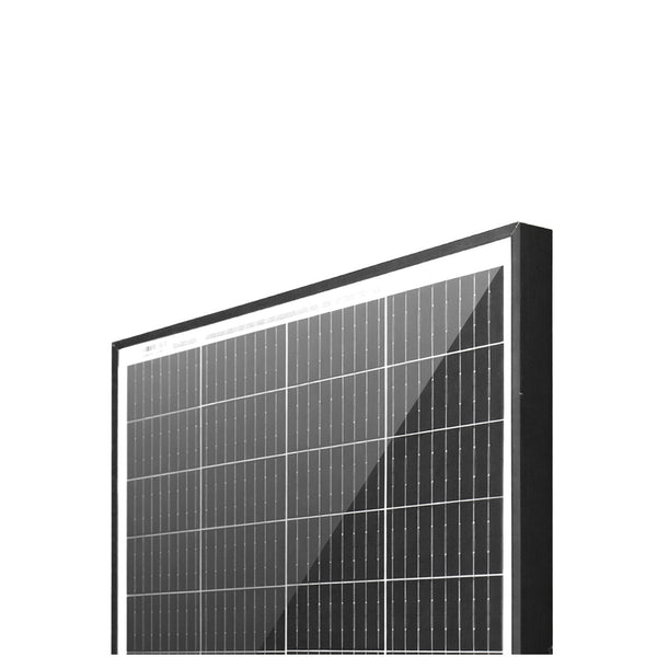 Angled close-up of solar panel top corner showing frame and glass