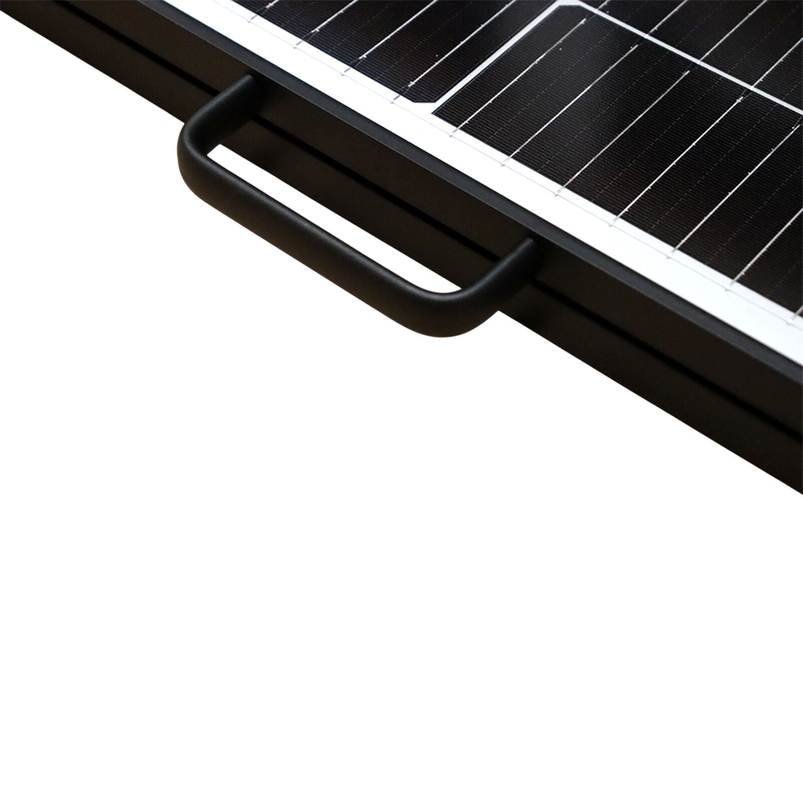 Close-up of black carry handle and frame profile on the solar panel