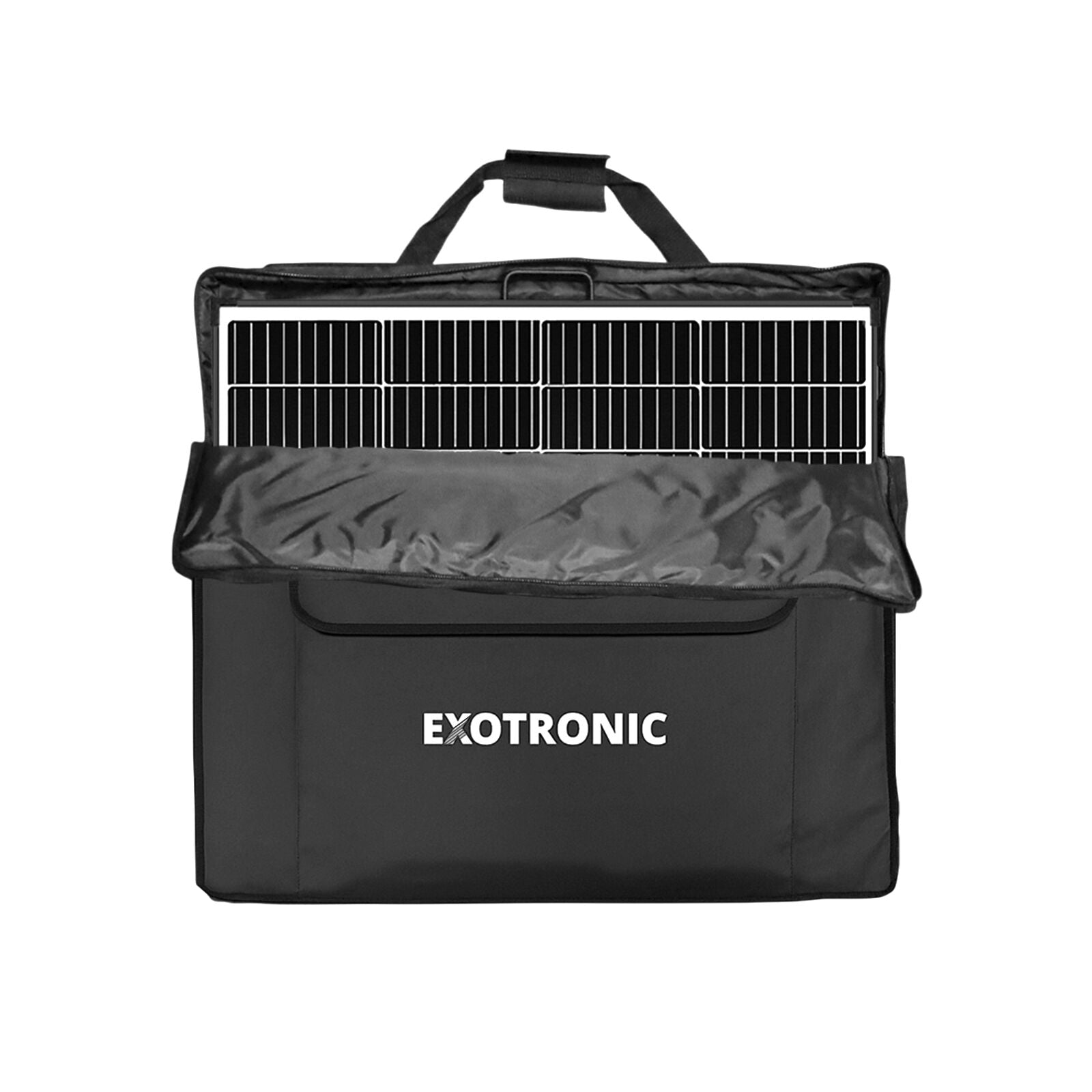Folded solar panel stored inside open protective black storage bag showing fit