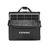 Folded solar panel stored inside open protective black storage bag showing fit