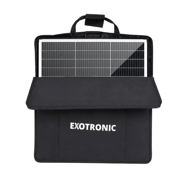 A black 200W folding solar panel partially tucked into its protective carry bag
