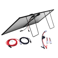 Rear view of solar panel showing support legs, cabling and included connection accessories