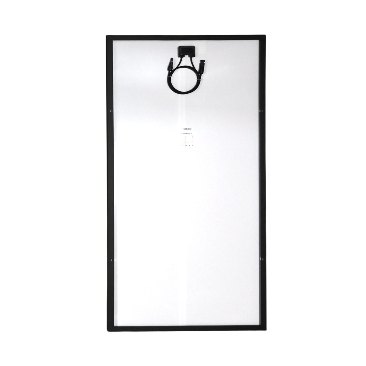 Rear view of solar panel showing white backsheet, IP68 junction box and cables