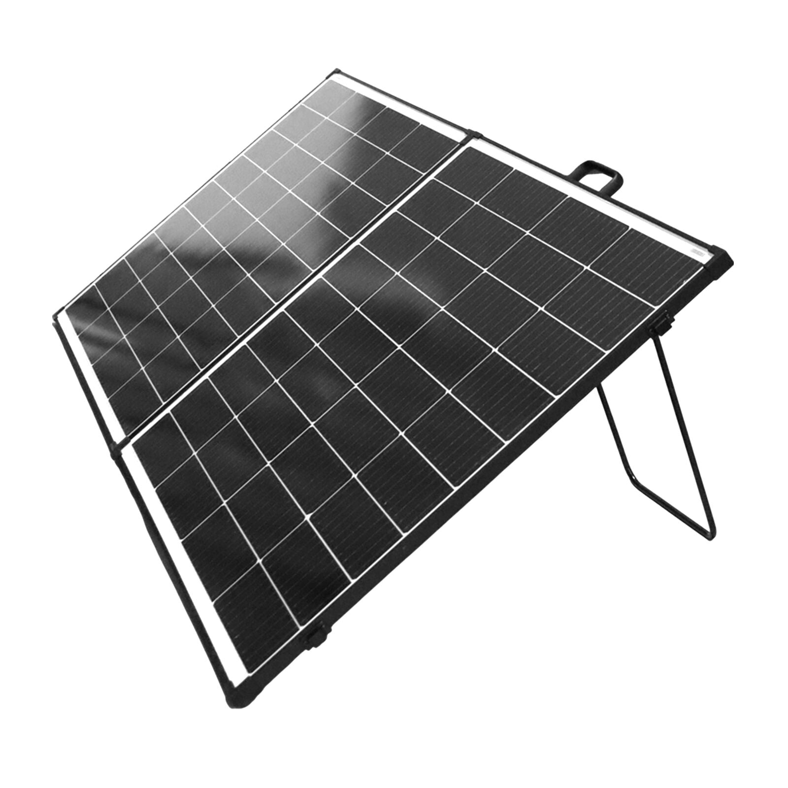 Portable solar panel deployed on adjustable tilt legs for optimal sun angle