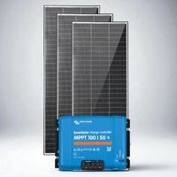Three Exotronic 250W solar panels positioned behind a Victron MPPT 100/50 controller