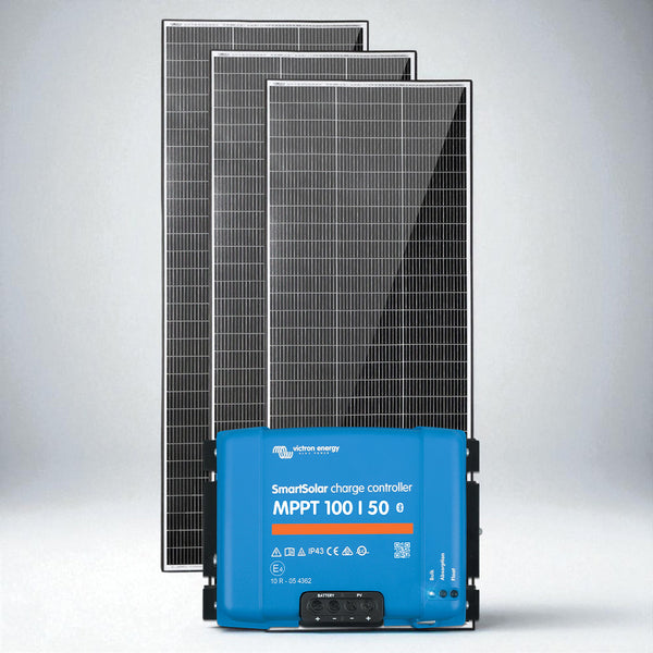 Three Exotronic 250W solar panels positioned behind a Victron MPPT 100/50 controller